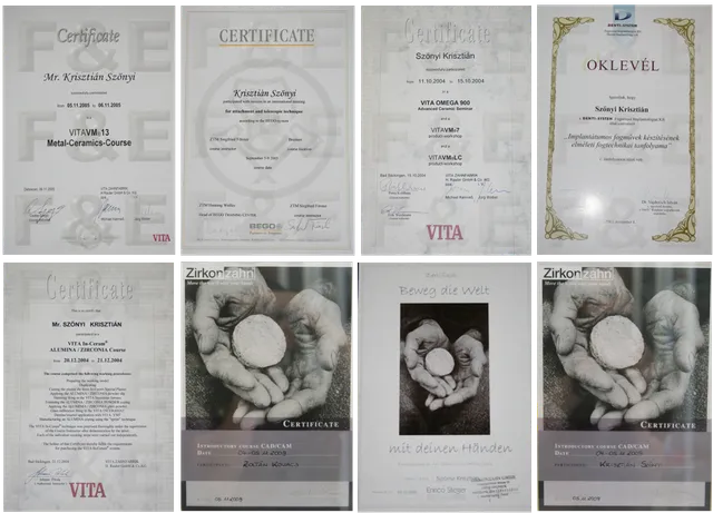 Certificates of VITA, BEGO, Denti-System and Zirkonzahn courses